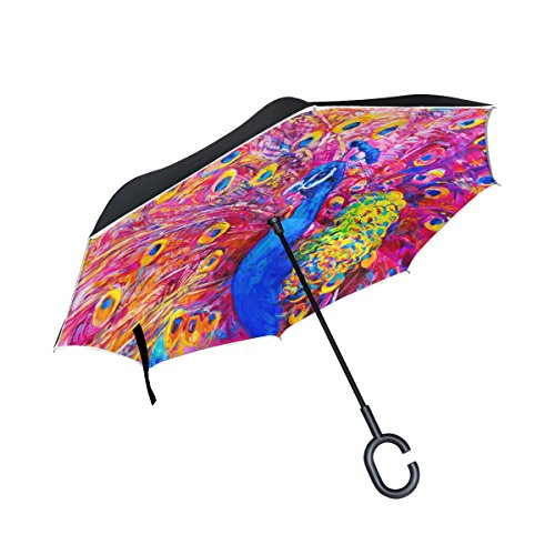 ALAZA Doble Capa de Pintura invertido Paraguas Coches inversa Paraguas a Prueba de Viento del Pavo Real Prueba de Aceite UV Viaje Paraguas al Aire Libre