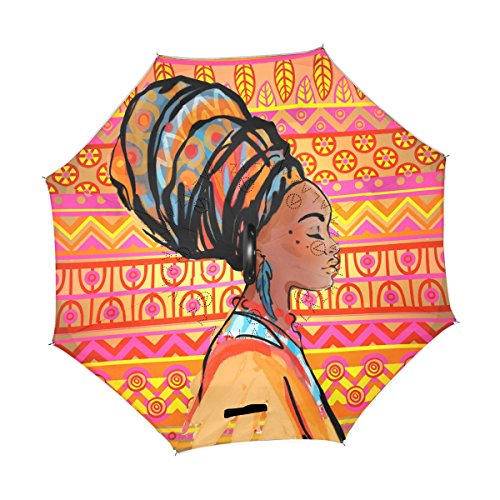 ALAZA Doble Capa invertido Paraguas Coches inversa Paraguas Africana Tribal del Modelo Rayado Prueba a Prueba de Viento UV Viaje Paraguas al Aire Libre