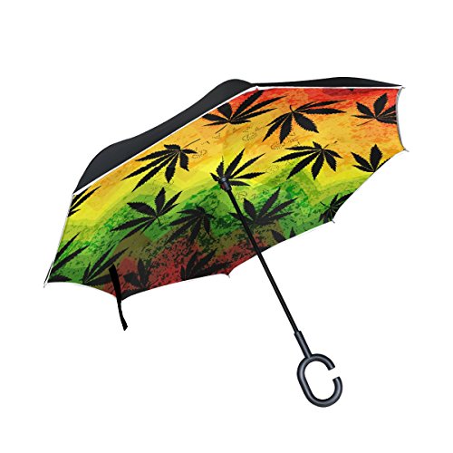 ALAZA Doble Capa Paraguas invertido Coches inversa Paraguas La Marihuana Cannabis Hojas de Colores Prueba a Prueba de Viento UV Viaje Paraguas al Aire Libre