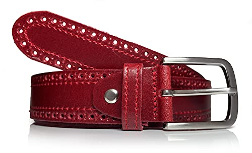 almela - Cinturón mujer de piel - Perforado - 35 cm de ancho - Cuero - 35mm - Hebilla en niquel satinado (Rojo, 100)