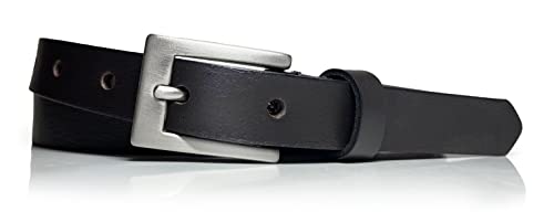 almela - Cinturón mujer fino- Piel de vaquetilla estrecho - 2 cm de ancho - Cuero - 20 mm - Hebilla acabada en plata satinada (Marrón, 115)