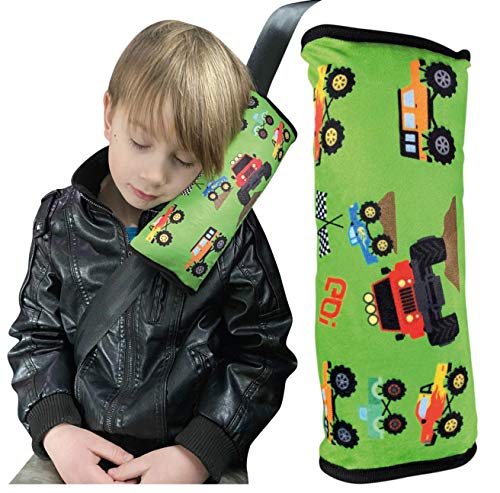 Almohadilla HECKBO para coche con dibujos de Monster Trucks para niños- lavable a máquina suave, tacto de peluche, almohadilla cinturón de seguridad