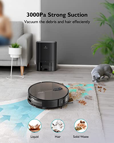Amarey Robot Aspirador y Fregasuelos con Vaciado Automático 3000Pa Aspirador Robot Inteligente Compatible con Alexa y App Aspirador Robot para Limpiar Alfombras Suelos Duros Pelo de Mascotas