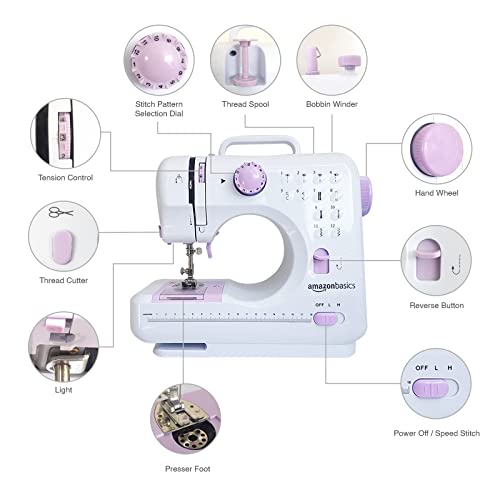 Amazon Basics – Máquina de coser doméstica portátil de 12 puntadas, tamaño mediano y 2 velocidades