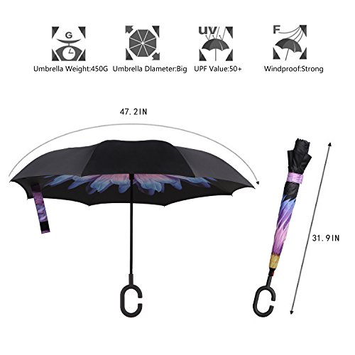 Amazon Brand - Eono Paraguas Invertido de Doble Capa, Paraguas Plegable de Manos Libres Autoportante,Paraguas a Prueba de Viento Anti-UV para la Lluvia del Coche al Aire Iibre - Margarita Púrpura