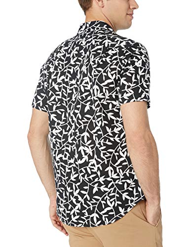 Amazon Essentials - Camisa a cuadros de lino con manga corta para hombre., Negro (black Leaf Print), US M (EU M)