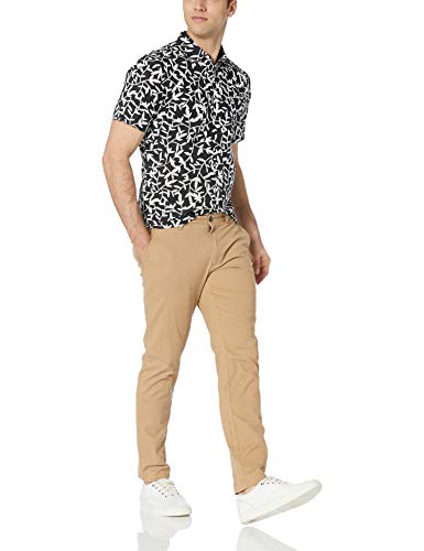 Amazon Essentials - Camisa a cuadros de lino con manga corta para hombre., Negro (black Leaf Print), US M (EU M)
