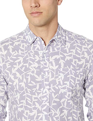 Amazon Essentials - Camisa de lino con manga larga, corte entallado y estampado para hombre, Lavendar Leaf Print, US XL (EU XL - XXL)