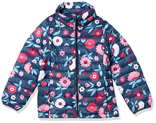 Amazon Essentials Light-Weight Water-Resistant Packable Mock Puffer Jackets Chaqueta, Azul Marino, Floral, 10 años