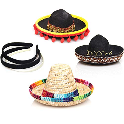 AMZBY 3 Cinco de Mayo Fiesta Sombreros Cintas para el Cabello, Telas y Sombreros de Paja Cintas para la Cabeza, Decoración Mexicana para Fiestas Accesorios fotográficos