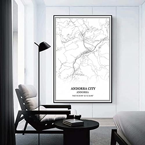 Andorra Ciudad Andorra Mapa de pared arte lienzo impresión cartel obra de arte sin marco moderno mapa en blanco y negro recuerdo regalo decoración del hogar