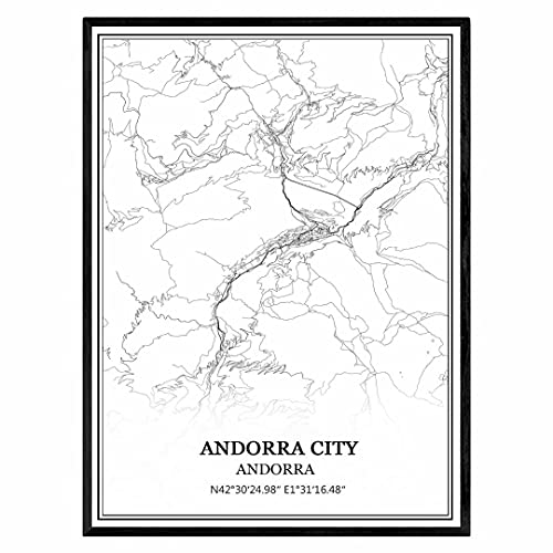 Andorra Ciudad Andorra Mapa de pared arte lienzo impresión cartel obra de arte sin marco moderno mapa en blanco y negro recuerdo regalo decoración del hogar