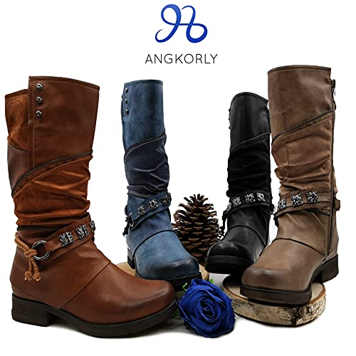 Angkorly - Zapatillas Moda Botas Bimaterial Biker Casual/Informal Mujer Cuero granulado Charm Bloque 3.5 CM - Azul 3 F6003 T 36