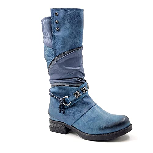 Angkorly - Zapatillas Moda Botas Bimaterial Biker Casual/Informal Mujer Cuero granulado Charm Bloque 3.5 CM - Azul 3 F6003 T 36