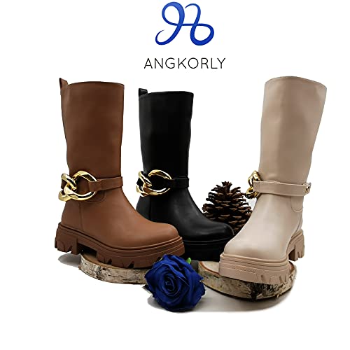 Angkorly - Zapatillas Moda Botas Glam Rock Elegante - Chic comode Mujer Cuero granulado Tanga Bloque 5 CM - Caqui 5 HQ277 T 41