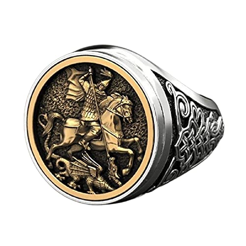 Anillo de hombre talla metal dedo joyería estilo medieval anillo de valiente y victoria Un soldado montar en caballo matando a un dragón