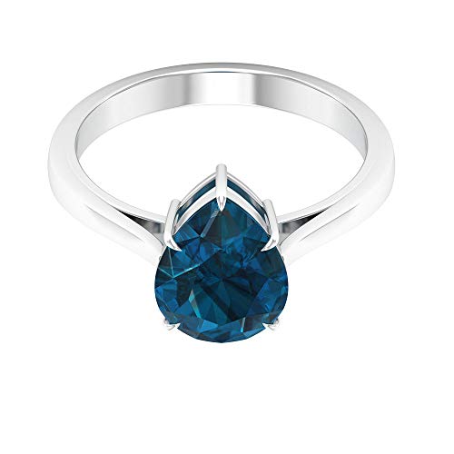 Anillo solitario de 4 ct certificado de topacio azul de Londres, único anillo de boda de dama de honor, anillo de promesa de piedra preciosa en forma de pera, 14K Oro blanco, Size:EU 66