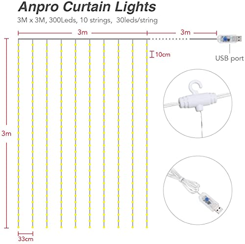 Anpro Luz Cadena Luz de Cortina USB, con 300 Bombillas LED, 8 Modos, Blanca Cálida, 3x3 m