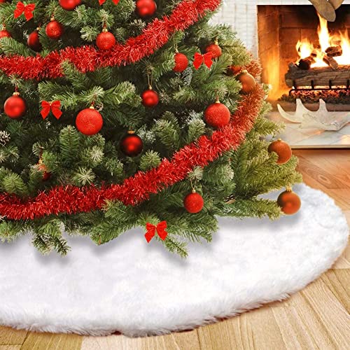 Árbol de Navidad Blanco Falda de Felpa de 122CM Falda de árbol de Navidad de Piel sintética Gruesa Blanca como la Nieve para Decoraciones navideñas (Blanco, 48 Pulgadas)