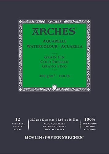ARCHES Aquarelle 100% Fino 300g Bloc Encolado A3 12 hojas Blanco Natural, color (A1795094)