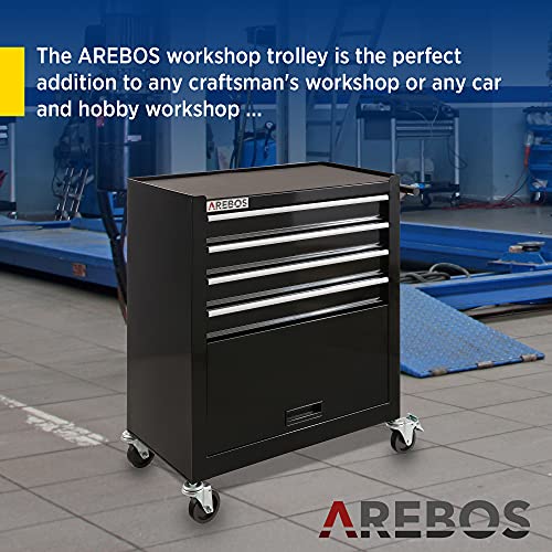 Arebos Carro herramientas de 4 compartimentos + compartimento grande | 2 ruedas con freno de estacionamiento | cajas de herramientas