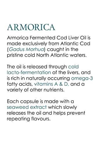 Armorica Aceite de Hígado de Bacalao Fermentado (120 x 500mg Cápsulas) - Aceite de Hígado de Bacalao Procesado en Frío, Lacto-Fermentado y Crudo - Hecho exclusivamente con Bacalao del Atlántico