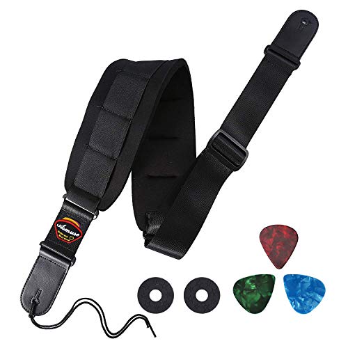 Asmuse Correa de Guitarra 9.2cm Ancho Suave Neopreno Ultragrueso Espuma con Memoria 110-135 cm ajustable con extremos de cuero genuino para Guitarra Acústica/Eléctrica/bajo