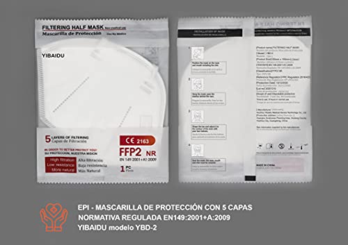 ASTORMEDIC Mascarillas FFP2 Yibaidu - Homologadas CE- para Adultos [25 unidades] Mascarilla de Protección con 5 capas. Alta eficiencia filtración bacteriana. Color Blanco. Envase Individual