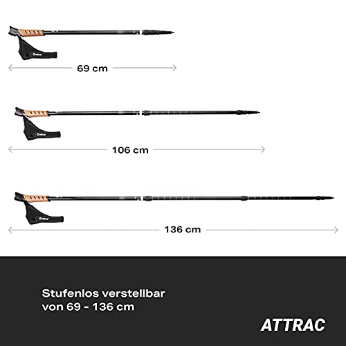 ATTRAC Bastones Marcha nórdica »Clásicos« con Sistema telescópico, antichoque y Amortiguador - Longitud Regulable de 67 a 136 cm y Empuñadura en Corcho + PDF Workout