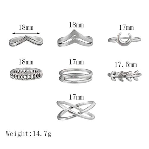 Aukmla Juego de anillos de nudillos bohemios con luna de plata, apilables, anillos de dedo de tamaño medio, conjuntos de anillos de nudillos para mujeres y niñas, 7 piezas
