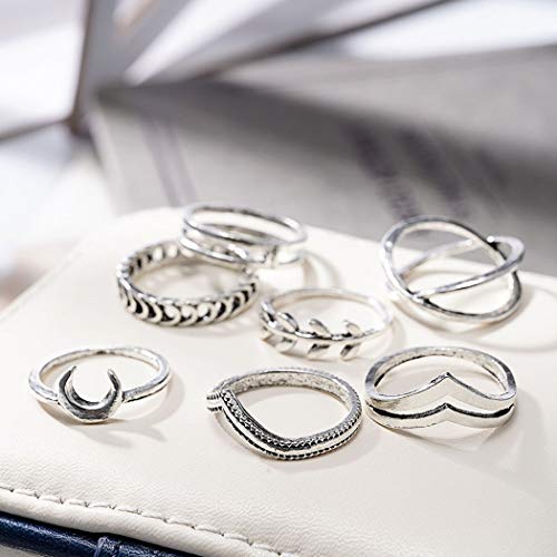 Aukmla Juego de anillos de nudillos bohemios con luna de plata, apilables, anillos de dedo de tamaño medio, conjuntos de anillos de nudillos para mujeres y niñas, 7 piezas