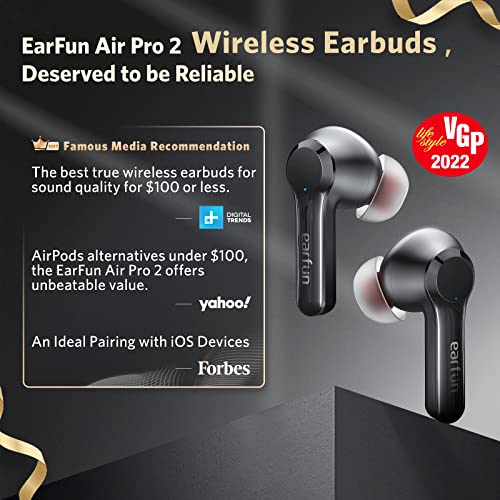 Auriculares inalámbricos, EarFun Air Pro 2 Hybrid Active Noise Cancelling, Bluetooth 5.2 con 6 mic,detección en la oreja, modo ambiente, carga inalámbrica,tiempo de reproducción 34H,control de volumen