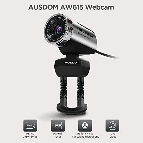 AUSDOM Webcam 1080P, AW615 de Alta Definición con Micrófono con Gran Apertura Compatible con Skype, MSN, Facebook, Google Hangouts, Webcam de USB Plug and Play, Web CAM para Ordenador, PC, etc