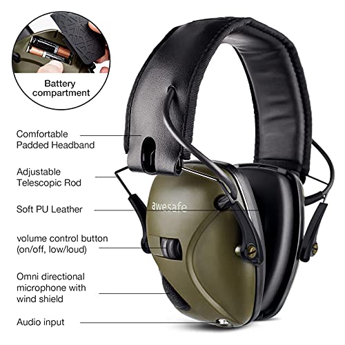 Awesafe Casco Tiro Electronico Protector Auditivo Auriculares de Caza Protectores para Oídos Especialmente Diseñados para Cazadores y Tiradores +Estuche Rígido Funda de almacenamiento (Verde