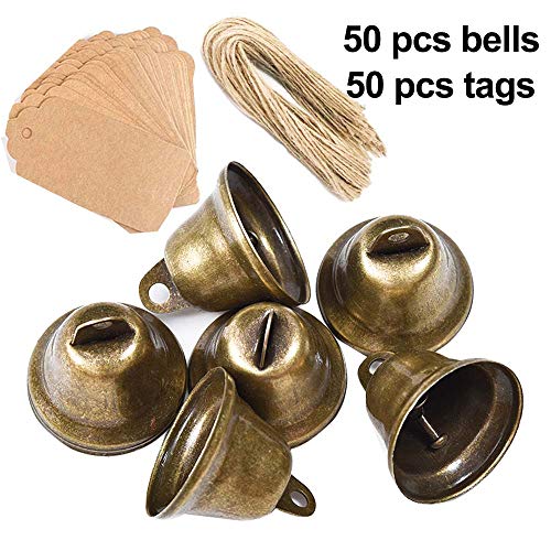 Awtlife 50 campanas vintage de bronce con etiqueta de tarjeta para campanas de viento para hacer manualidades, decoración de Navidad, boda, 38 mm