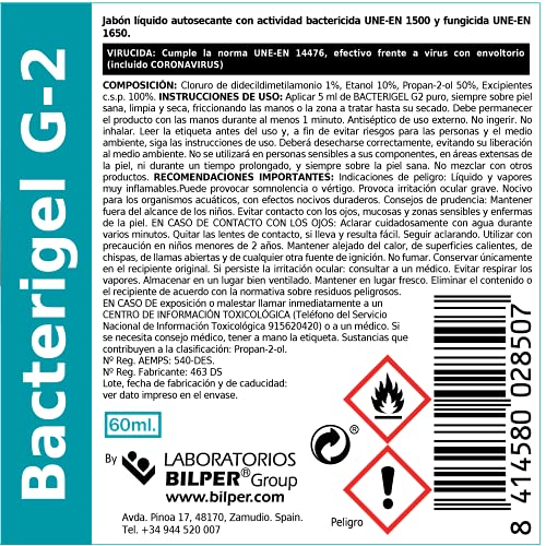 BACTERISAN Bacterigel G-2 60Ml | PACK DE 4 unidades | Spray Desinfectante para Manos Autosecante | Antiséptico para la Piel Sana | Testado Bajo Control Dermatológico y Pediátrico