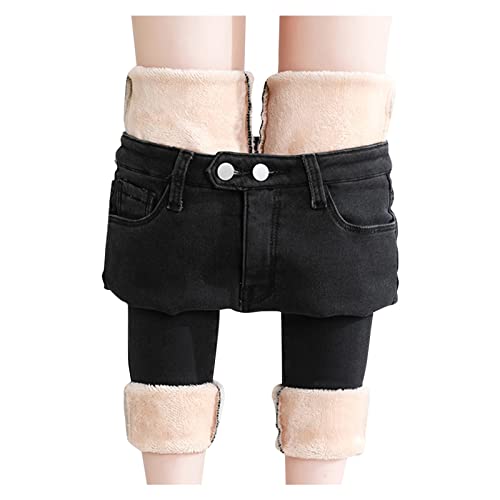 Baiomawzh - Pantalones térmicos para mujer con forro polar interior, pantalones de invierno cálidos de felpa, pantalones vaqueros rectos térmicos con banda elástica ancha
