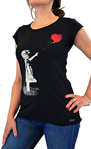 Banksy Balloon Girl Faces T-Shirt Mujer Made IN Italy Impresión del Manual de la Pantalla de Agua (L Mujer)