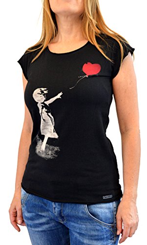Banksy Balloon Girl Faces T-Shirt Mujer Made IN Italy Impresión del Manual de la Pantalla de Agua (L Mujer)