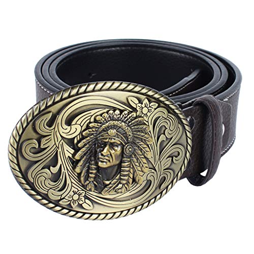 Baoblaze Cinturón de Cuero con Hebilla Ovalado de Indio Estilo Vaquero Occidental para Hombres - café, tal como se describe