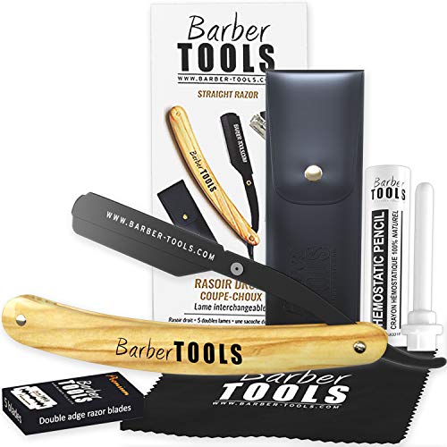 ✮ Barber Tools ✮ Navaja de afeitar + 5 cuchillas de doble hoja (10 cuchillas simples) + Paño de pulir + Almacenamiento Pu + Palo hemostático