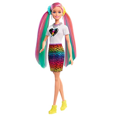 Barbie Pelo Arcoiris Muñeca rubia con falda de guepardo y accesorios de moda y para el pelo de juguete (Mattel GRN81)