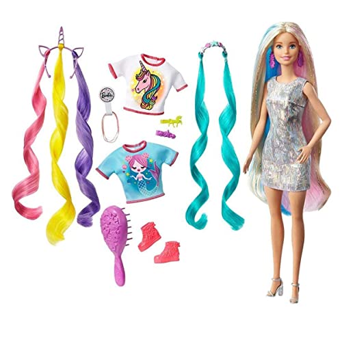 Barbie Pelo Fantasía Muñeca para peinar con accesorios de moda y diademas con mechas de unicornio y sirena (Mattel GHN4)