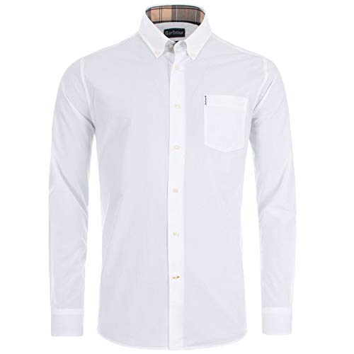 Barbour MSH4716-W11 Stretch Poplin Cotton Shirt Button Down Tartan Collar White (Size-Talla, blanco, L