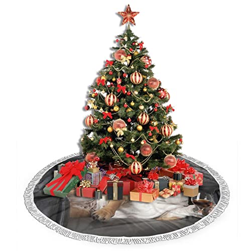 Base de la falda del árbol de Navidad, Inglés Bulldog Smoking Drink Wine Dog Tree Mat Navidad con borla decoración adornos fiesta 30 pulgadas