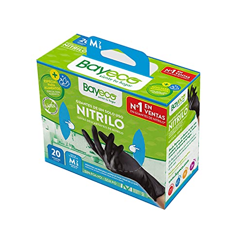 Bayeco - Guantes de un solo uso de Nitrilo - Color Negro - Ambidiestros - Dedos texturizados para mejor agarre - Terminación bordillo enrollado - Pack dispensador de 20 unidades - Talla M
