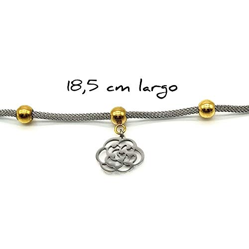 BDM Pulsera de Mujer Acero, antialergia, Cierre mosuqeton, Brazalete Color Plata con Colgante de una Flor, Cuentas en Color Oro. Brazalete Original y Elegante.