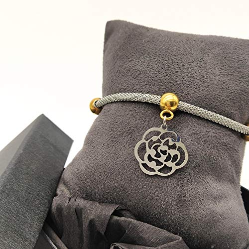 BDM Pulsera de Mujer Acero, antialergia, Cierre mosuqeton, Brazalete Color Plata con Colgante de una Flor, Cuentas en Color Oro. Brazalete Original y Elegante.