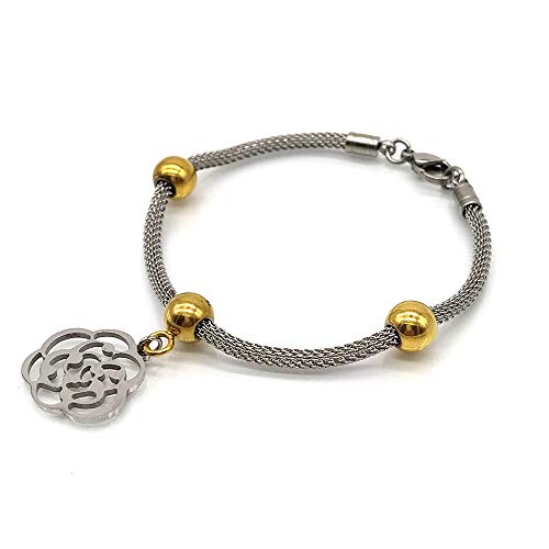 BDM Pulsera de Mujer Acero, antialergia, Cierre mosuqeton, Brazalete Color Plata con Colgante de una Flor, Cuentas en Color Oro. Brazalete Original y Elegante.