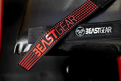 Beast Gear muñequeras gimnasio correas antideslizantes para gym o straps para fitness y ejercicio de levantamiento de pesas en gimnasio, en algodón y neopreno color negro y rojo